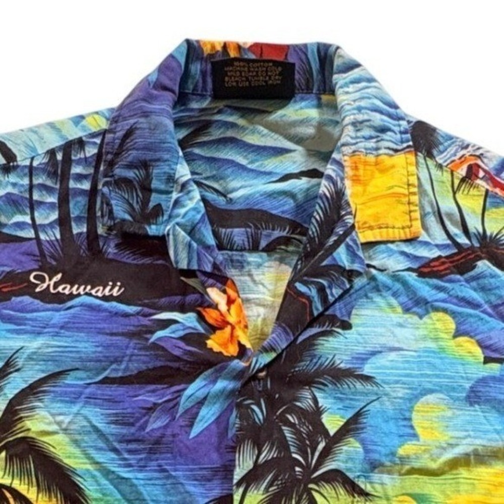 Royal Creations Hawaiian Shirt Men Small Blue Tropical Sunset Aloha Cotton Shirt